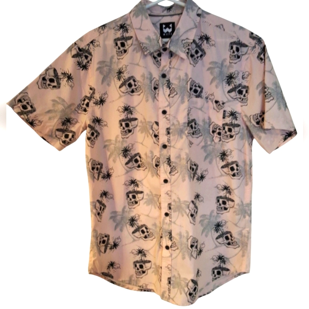 Casual Pink and Black Skull Print Button Down Shirt